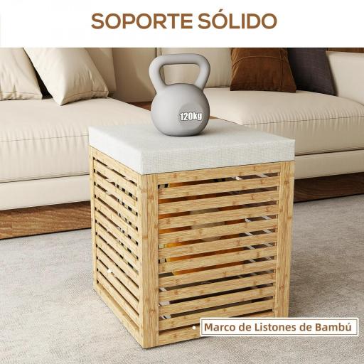 Baúl de Almacenaje para Dormitorio 54,7L con Asiento Desmontable Marco de Bambú 40x40x47 cm Gris y Natural  [4]
