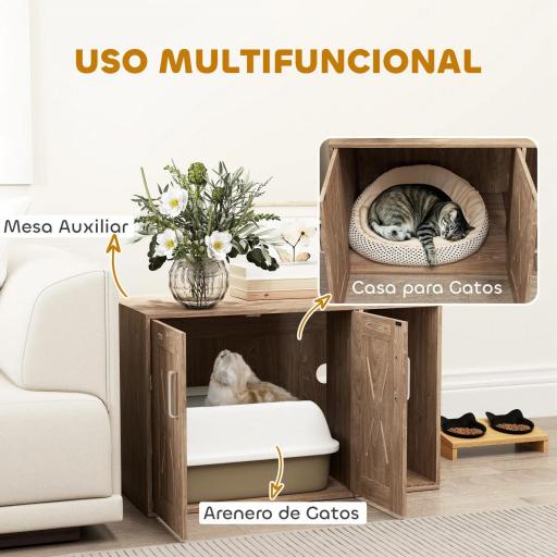 Mueble Arenero para Gatos 3 en 1 con Puertas Estera para Rascar y Compartimento 80x48x50,5 cm Marrón [1]