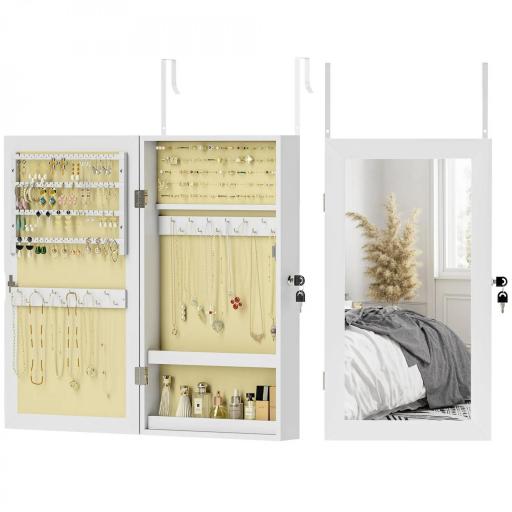 Espejo Joyero de Pared con Cerradura y Varios Compartimentos Montar en Pared o Puerta Blanco y Forro Crema [9]