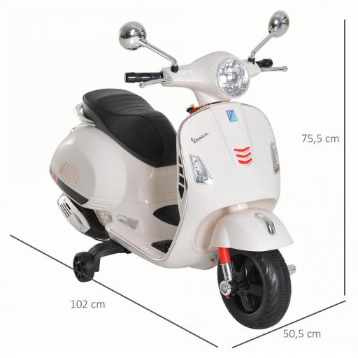 Moto Eléctrica para Niños de 3-6 Años con Licencia VESPA Moto de Batería para Niños con Música Velocidad 2-3 km/h y Bocina Carga 25 kg Blanco [1]