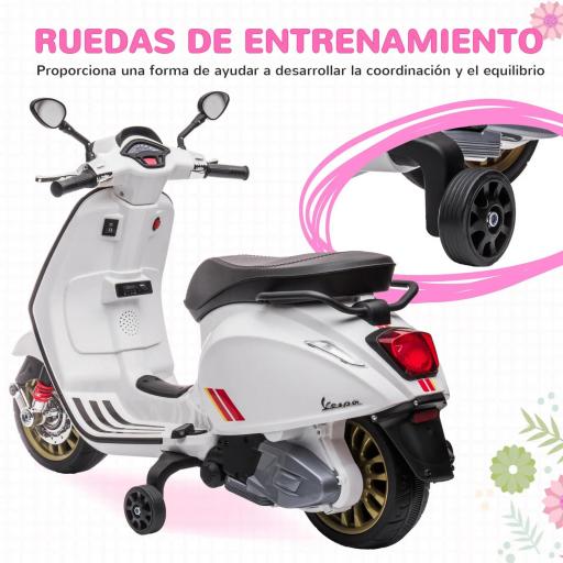 Moto Eléctrica para Niños de +3 Años con Licencia Vespa con USB MP3 Luz LED Radio FM Velocidad 3 km/h Carga 35kg Blanco [4]