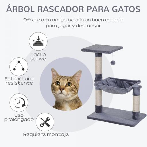 Árbol Rascador para Gatos Torre para Gatos 50x36x70 cm Centro de Actividad con Hamaca Plataforma Postes de Sisal Gris [4]
