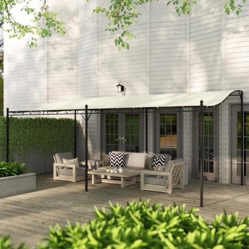 Pérgola de Pared 3x6 m con Techo Inclinado Orificios de Drenaje y Estructura Metálica Blanco Crema [2]