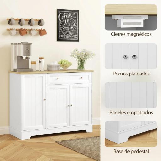Aparador de Cocina con Estante de Puerta Cajón Puertas Magnéticas Estantes Ajustables 105x40x83 cm Blanco y Roble [2]