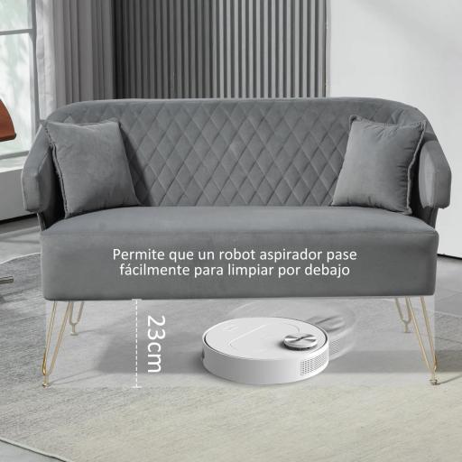 Sofá de 2 Plazas Tapizado en Terciopelo con 2 Almohadas Reposabrazos y Patas de Acero Carga 240 kg 124x69x76 cm Gris [5]