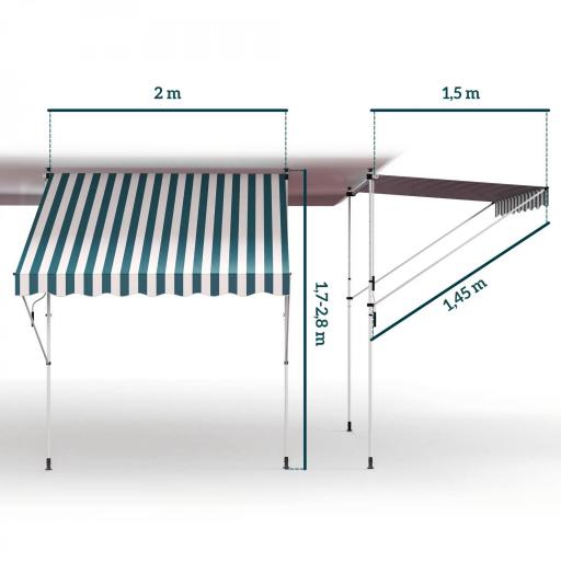 Toldo Manual Retráctil 200x150x170-280 cm para Balcón y Terraza con Altura Ajustable con Manivela Rayas Verde y Blanco [1]