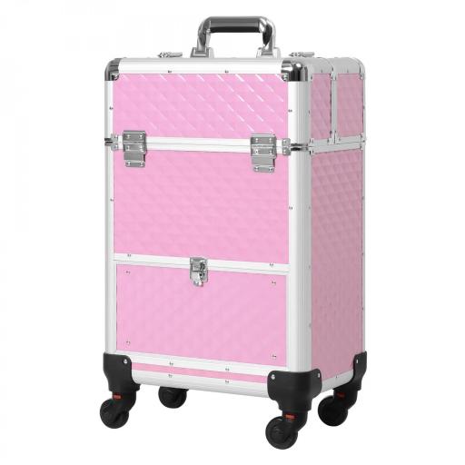 Maletín de Maquillaje Profesional con Cajón Maleta de Maquillaje con Ruedas para Viaje Trabajo 34x25x62 cm Rosa [2]
