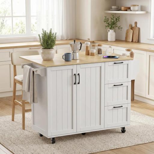 Isla de Cocina con Encimera Extensible Estación de Carga Ruedas 2 Puertas 3 Cajones Especiero y Toallero Blanco