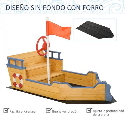 Arenero Infantil de Madera Diseño de Galeón con 2 Escalones Banco con Almacenaje Bandera y Timón Cajón de Arena [3]