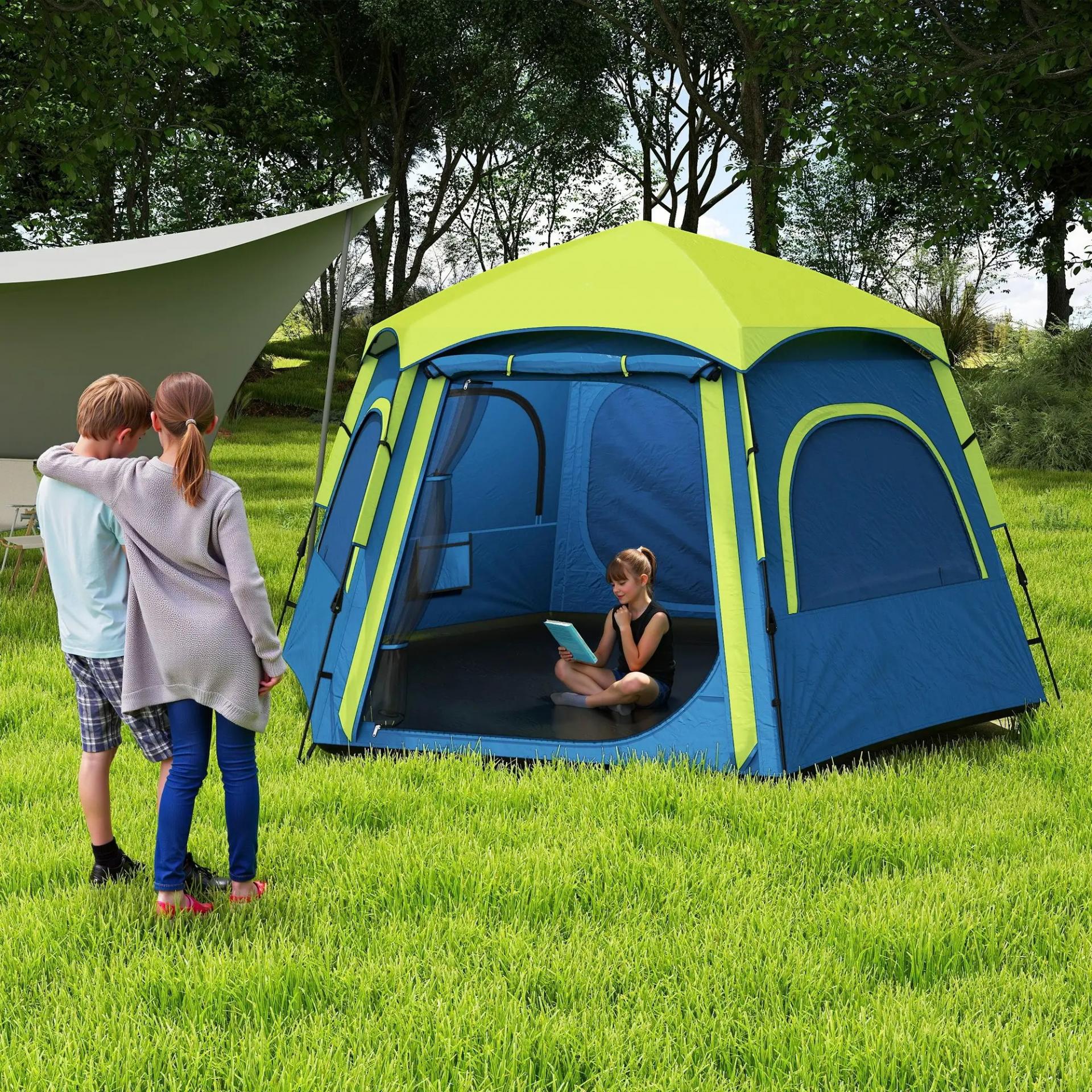 Tienda de Campaña para 4 Personas con Fácil Montaje Protección UV y Bolsa de Transporte 280x240x155 cm Azul