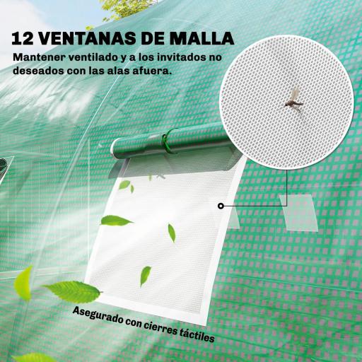 Invernadero de Túnel con 2 Varillas de Soporte 2 Puertas Enrollables y Ventanas de Malla Cubierta de PE Anti-UV Verde [4]