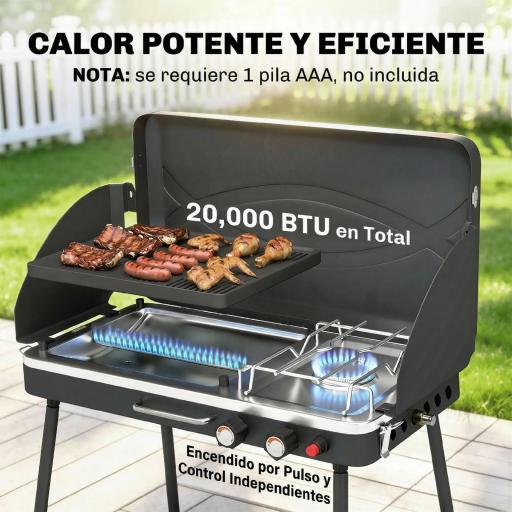 Barbacoa de Gas Portátil 2 en 1 Propano 7 kW de Mesa o de Pie con Plancha Grande Patas Desmontables Negro [4]