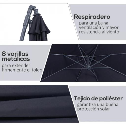 Sombrilla de Jardín Ø295x250 cm Parasol Excéntrico Inclinable con Manivela Base Cruzada y Soporte de Metal 8 Varillas para Terraza Exterior Balcón Negro [3]