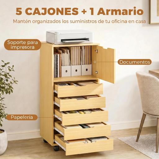 Cajonera de Oficina con 5 Cajones Ruedas y Armario con Cierre Suave Soporte para Impresora Natural [7]