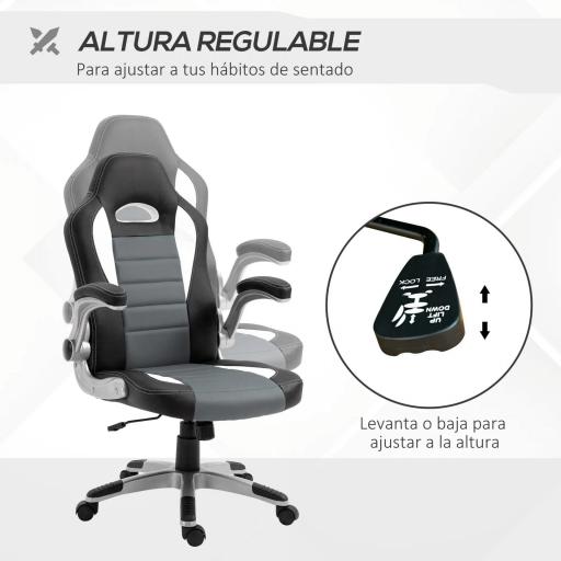 Silla de Oficina Ajustable Silla de Despacho con Reposabrazos Abatibles 5 Ruedas Carga 120 kg 65x69x112-122 cm Gris [4]