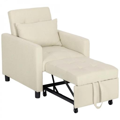 Sofá Cama de 1 Plaza Tapizado en Lino con Respaldo Ajustable de 3 Niveles y Almohada Acolchada 69x82,5x84 cm Beige [9]