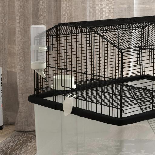 Jaula para Hámster con Fondo Profundo Plataforma Cuenco Bebedero Rampa y Ruedas 57x43x57 cm Negro [6]