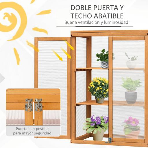 Invernadero de Jardín de Madera y Policarbonato Invernadero Vivero Casero con 3 Estantes 2 Puertas y Tapa Abatible para Cultivo de Plantas Terraza Patio 76x47x110 cm Natural [4]