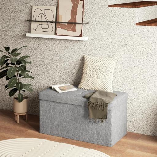 Baúl de Almacenaje para Dormitorio Plegable 84L Tapizado de Lino Sintético con Tapa para Salón 76x38x38 cm Gris Claro [2]