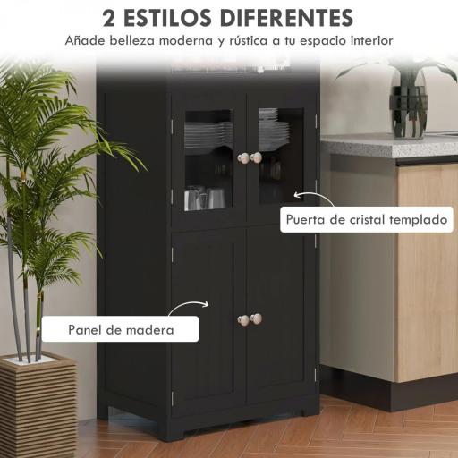 Aparador de Comedor Armario de Cocina con 4 Puertas 2 Estantes Abiertos y Estante Ajustable para Salón 60x30x162cm Negro [4]