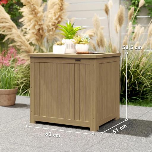 Arcón Exterior de Madera 130L Baúl Almacenaje Exterior con Forro Tapa con Bisagras y Correa 63x51x58,5 cm Marrón [1]