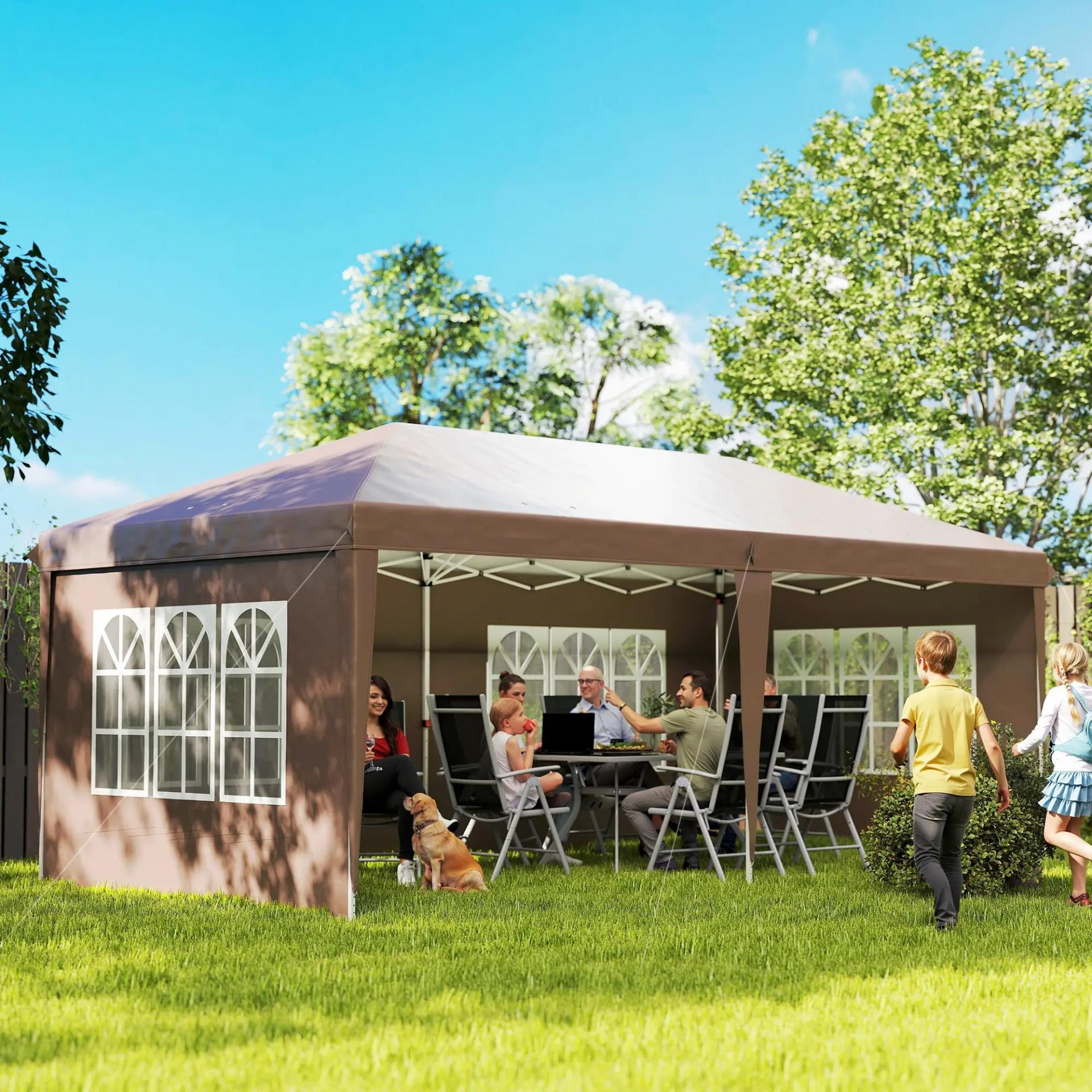 Carpa Plegable 6x3 m Pop-up con 4 Laterales Desmontables Cenador de Jardín con 4 Ventanas y Bolsa de Transporte Café