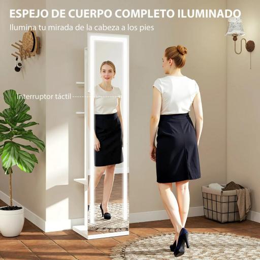 Espejo Joyero con Luces LED Espejo Entero Giratorio de 360° Estantes Abiertos Barras para Colgar Blanco [9]