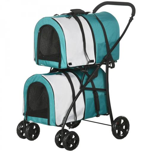 Cochecito Doble para Perros Gatos Plegable con 2 Transportines Extraíbles con Cinturón y Cojines 66x50x98cm Verde y Gris [2]