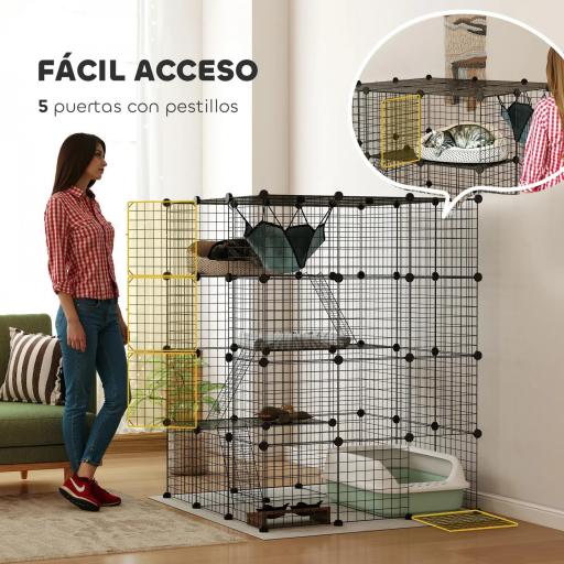Jaula Grande para Gatos Interior de 4 Niveles con 5 Puertas 3 Plataformas de Salto 3 Rampas Hamaca 105x105x140 cm Negro [1]