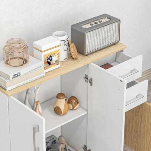 Aparador de Cocina con 2 Cajones 2 Armarios y Estantes Ajustables para Comedor 90x30x75,5 cm Blanco y Natural [6]