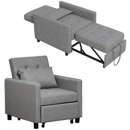 Sofá Cama de 1 Plaza Tapizado en Lino con Respaldo Ajustable de 3 Niveles y Almohada Acolchada 69x82,5x84 cm Gris [8]