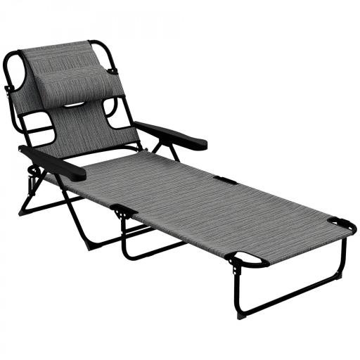 Tumbona de Jardín Plegable con Respaldo Ajustable en 4 Niveles Orificio de Lectura y Reposacabezas 145x72x89 cm Gris [8]