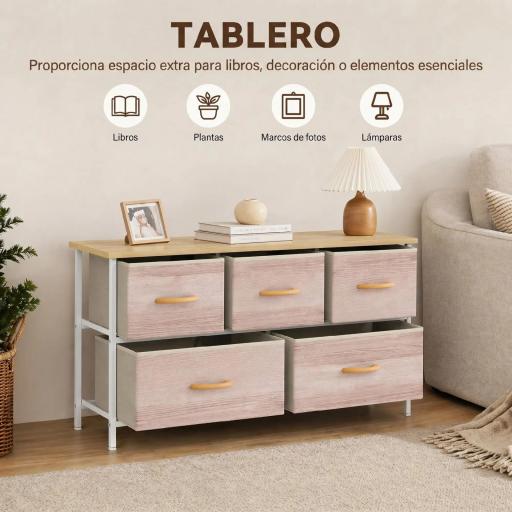 Cómoda con 5 Cajones de Tela Cómoda para Dormitorio Marco de Metal Cajonera para Salón Oficina Natural y Blanco [3]