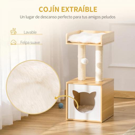 Árbol para Gatos de 2 Niveles con Cueva Cama Superior Postes Rascadores de Sisal Natural Cojines Lavables y Bola de Juguete 35x35x81 cm Roble y Blanco [3]