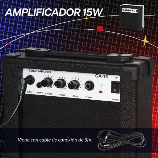 Kit Guitarra Eléctrica de Iniciación con Amplificador 15W Afinador Digital Cuerdas Correa 3 Púas y Funda Negro [2]