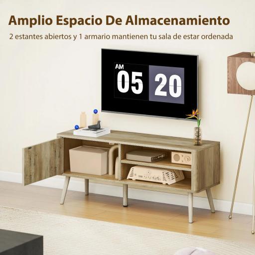 Mesa de TV con Puerta Estante Ajustable Compartimentos Abiertos y Orificio para Televisión hasta 55 Pulgadas Roble [2]