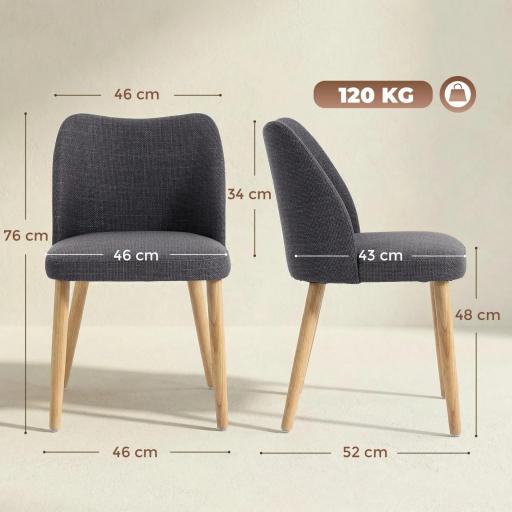 Pack de 2 Sillas de Cocina Nórdicas Tapizadas de Lino Respaldo Curvo Asiento Acolchado Patas de Madera Gris Claro [1]