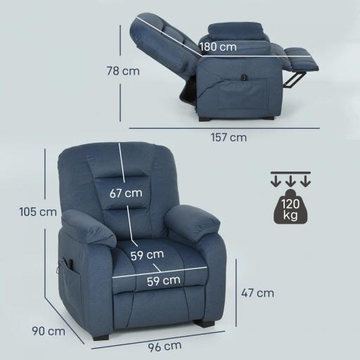 Sillón Relax Reclinable Eléctrico Silencioso con Función Memoria Reposapiés Mando a Distancia Bolsillos Laterales Azul [1]
