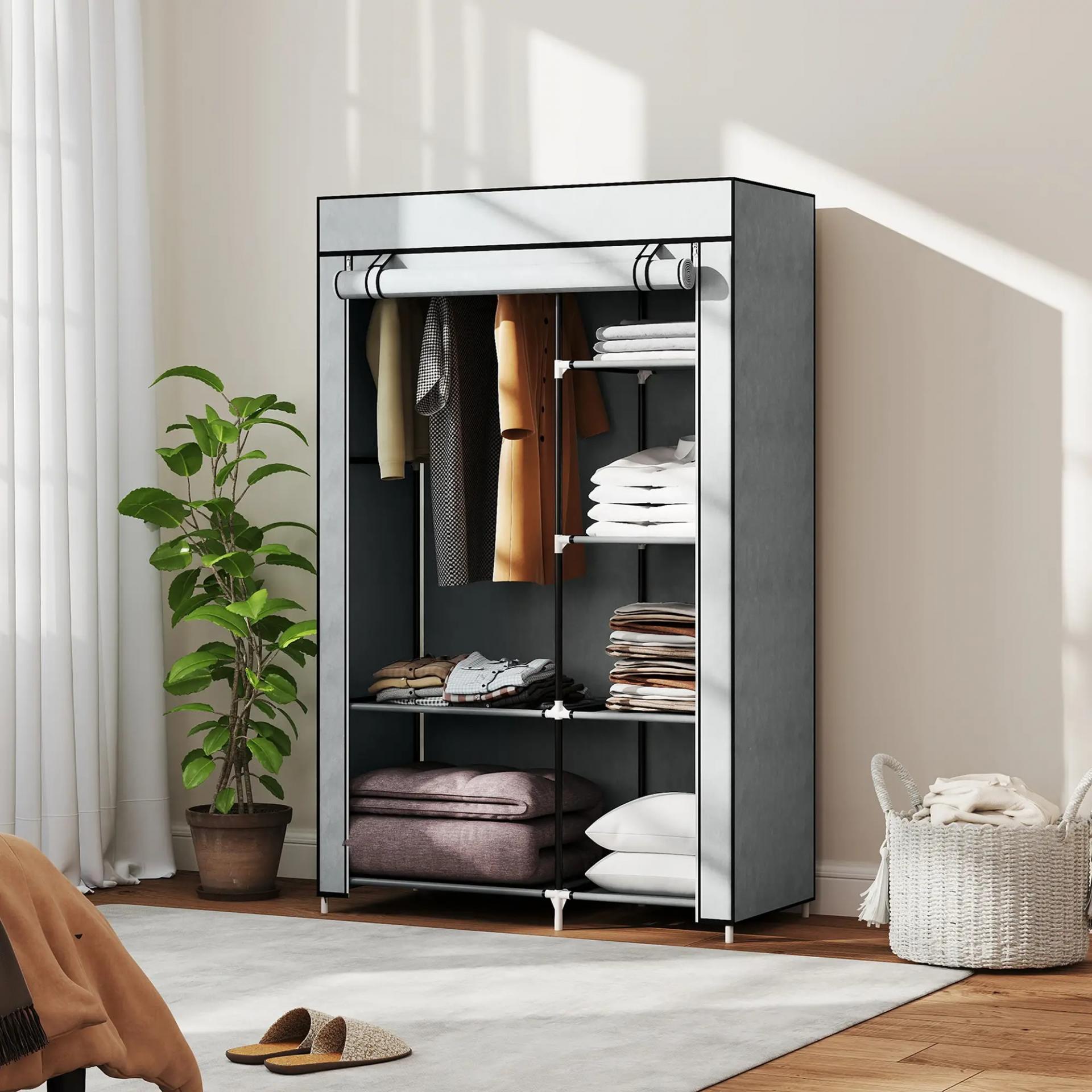 Armario de Tela Plegable Ropero Portátil con 6 Estantes y 1 Barra de Colgar para Dormitorio 103x43x162,5cm Gris