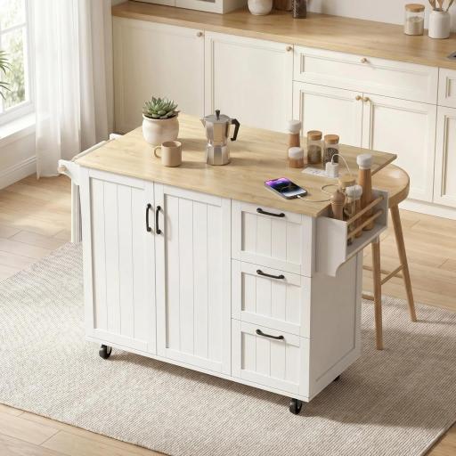 Isla de Cocina con Encimera Extensible Estación de Carga Ruedas 2 Puertas 3 Cajones Especiero y Toallero Blanco [5]