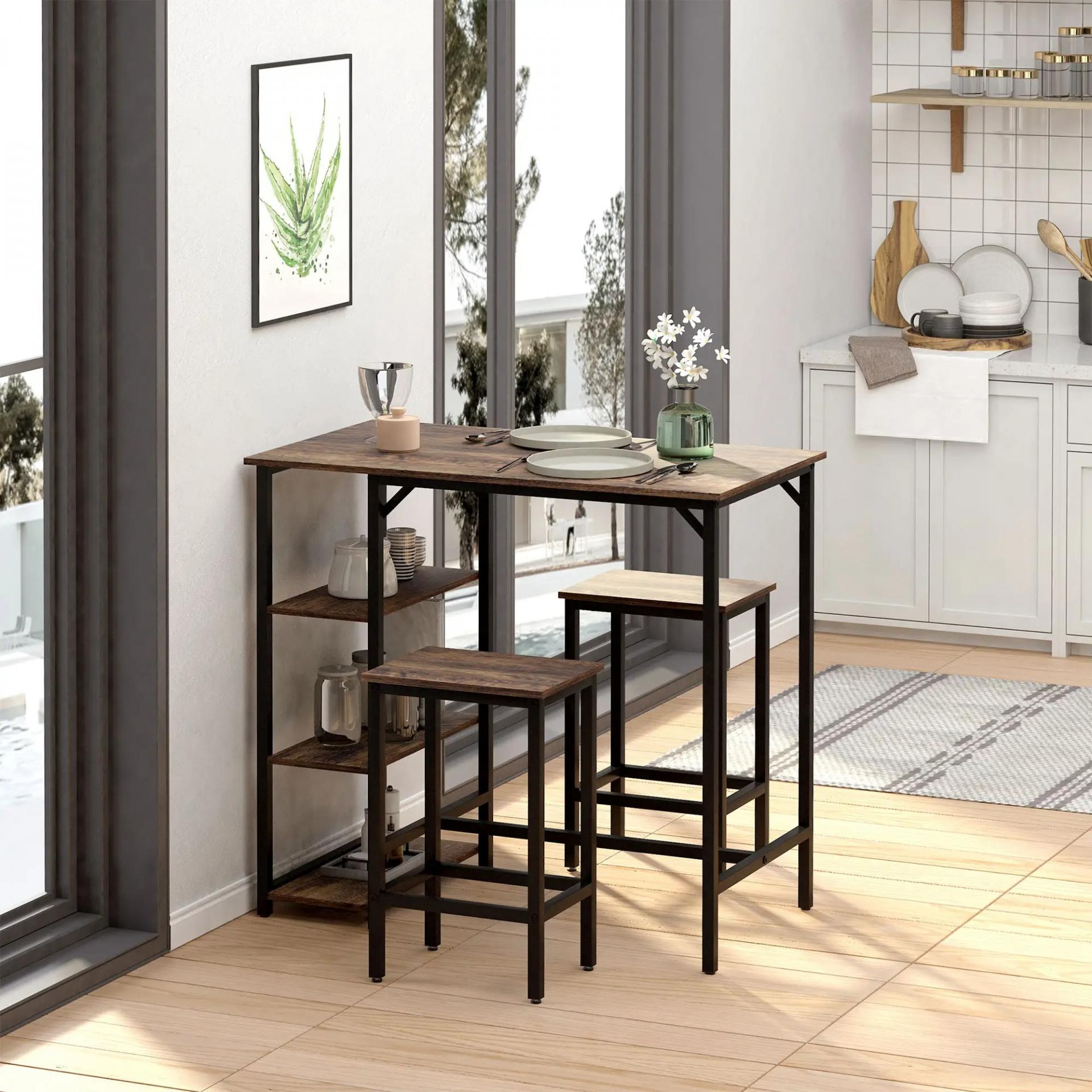 Set de Mesa de Bar y 2 Taburetes con Reposapiés y Estantes de 3 Niveles Almohadillas 109x60x100 cm Marrón Rústico
