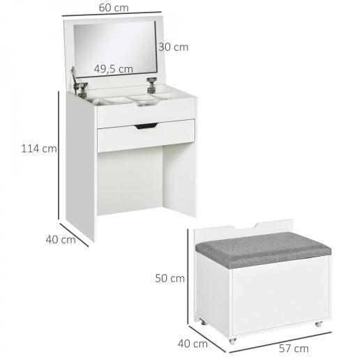 Tocador de Maquillaje con Taburete Oculto Espejo Abatible Cajón y 7 Compartimentos Taburete con Almacenamiento Blanco [1]