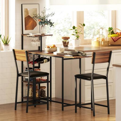 Conjunto de Mesa de Bar con Laterales Abatibles Soporte para Vinos y 2 Taburetes de Estilo Industrial Marrón y Negro