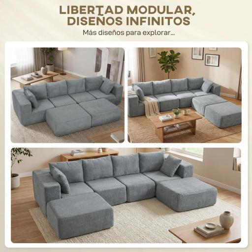 Sofá Seccional en Forma de U Sofá Modular con 2 Taburetes 2 Almohadas Reposabrazos Anchos sin Montaje Gris [2]