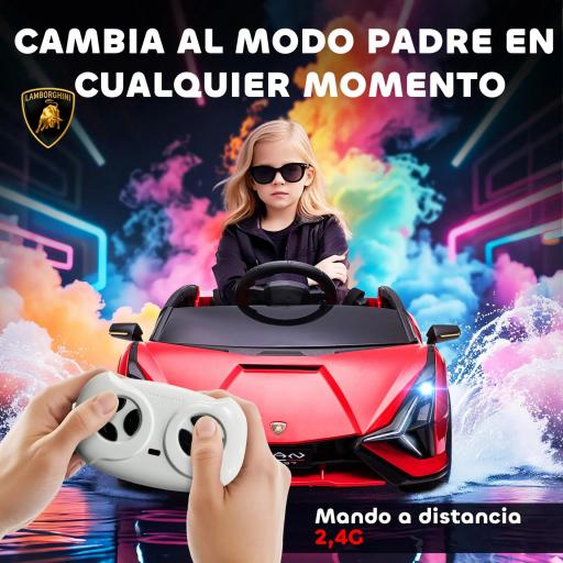 Coche Eléctrico para Niños de +3 Años Lamborghini SIAN Coche de Batería 12V con Mando a Distancia Apertura de Puerta Música MP3 USB y Faros 3-5 km/h 108x62x40 cm Rojo [4]