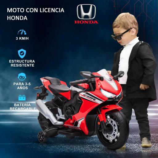 Moto Eléctrica con Licencia HONDA para 3-5 Años con Faros Bocina Música y Ruedas Auxiliares 90x44x52 cm Rojo [4]