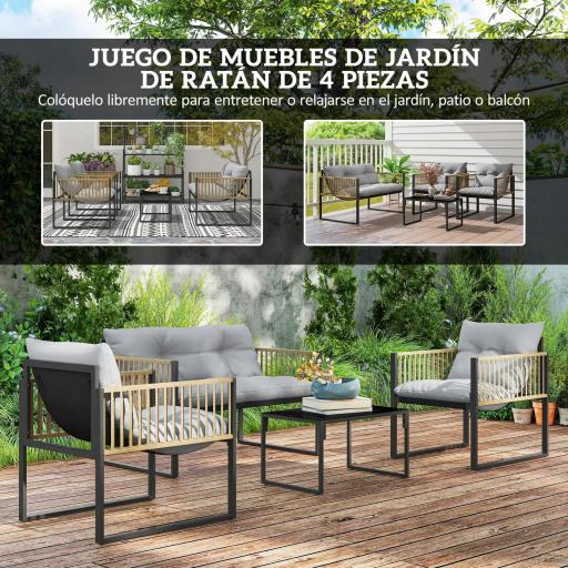Conjunto de Jardín Exterior de Ratán Sintético con 2 Sillones 1 Sofá de 2 Plazas 1 Mesa de Centro y Cojines Crema [5]