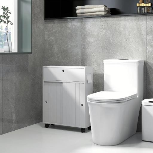 Armario de Baño Mueble Auxiliar con 4 Ruedas 2 Agujeros para Papel 2 Armarios y Estantes Ajustables 52x17x67 cm Blanco [7]