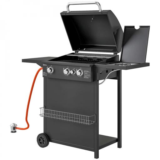 Barbacoa de Gas con 3 Quemadores Parrilla para 5-9 Personas Quemador Lateral Termómetro y Ruedas 123x58x98 cm Negro [8]