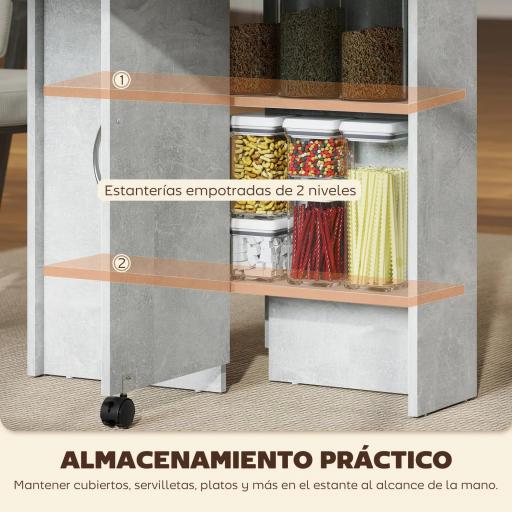 Mesa de Cocina Plegable con Ruedas 2 Estantes de Almacenaje y 2 Alas Abatibles Estilo Moderno 75x140x74 cm Gris Cemento [4]